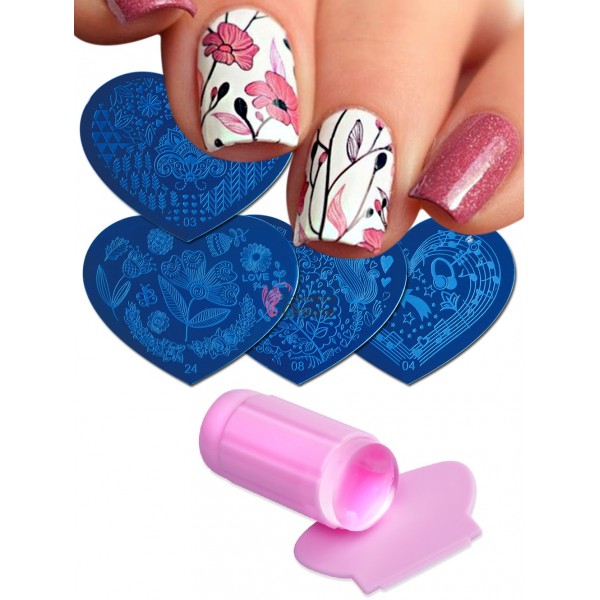 Kit cu matrite de unghii KSM05 Heart cu Stampila